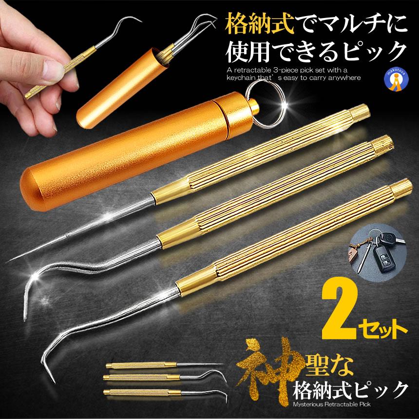 2セット 格納式 ピック セット ステンレス 爪楊枝 ケース 3種類