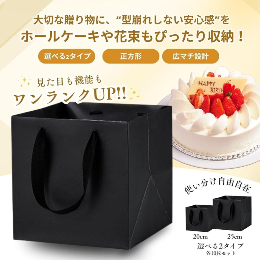 紙袋 手提げ ギフト用 マチ広 ギフトバッグ 中 黒 正方形 20cm角 10枚