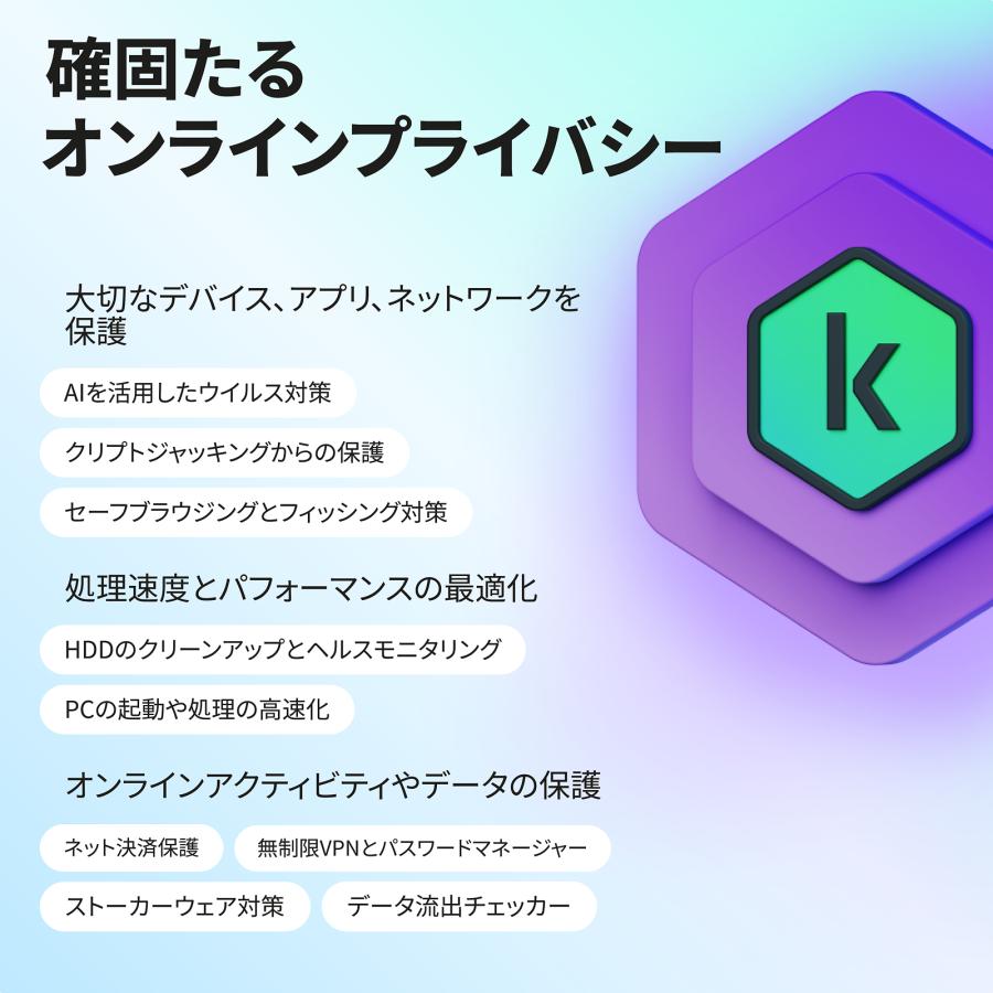 カスペルスキー セキュリティソフト プラス 3年5台 ダウンロード版 VPN
