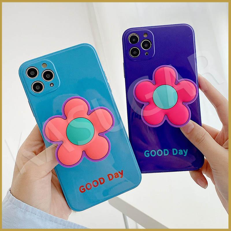 花のポップソケット付 iPhone 11 12 Pro Max スマホケース ブルー 落下