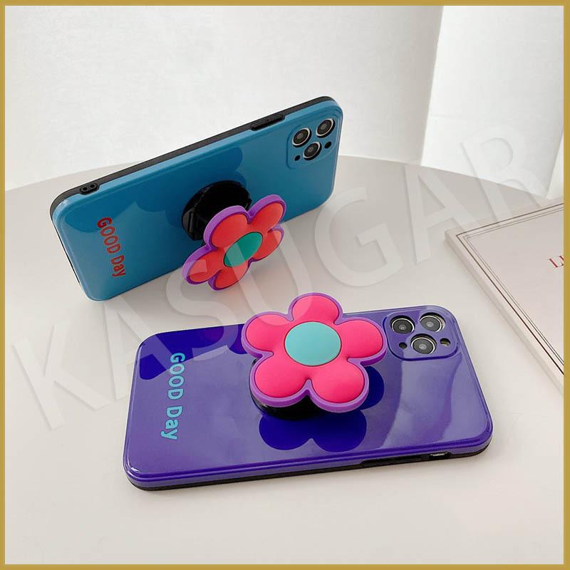 花のポップソケット付 iPhone 11 12 Pro Max スマホケース ブルー 落下