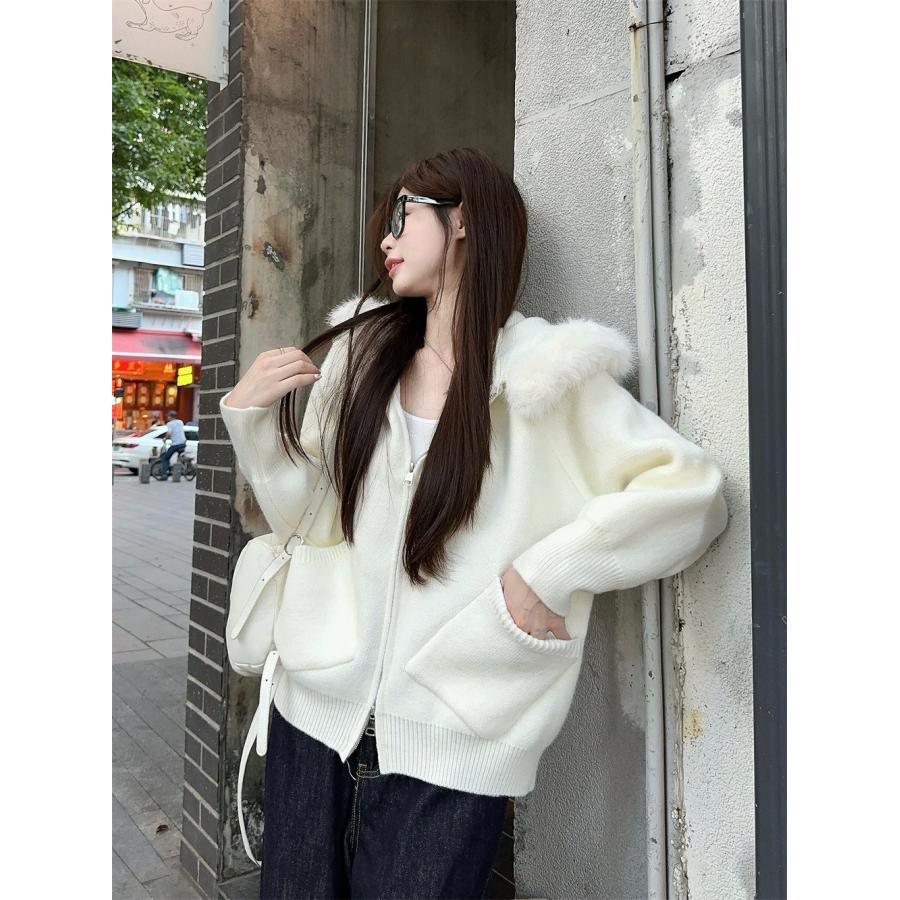 カーディガン ファー付き ットカーディガン エコファー フード ジップ 