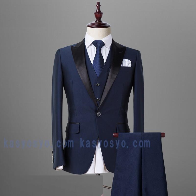 Jmnv メンズファッション ネイビーカラータキシードスーツ パンツ タイ チーフ スーツ フォーマル ４