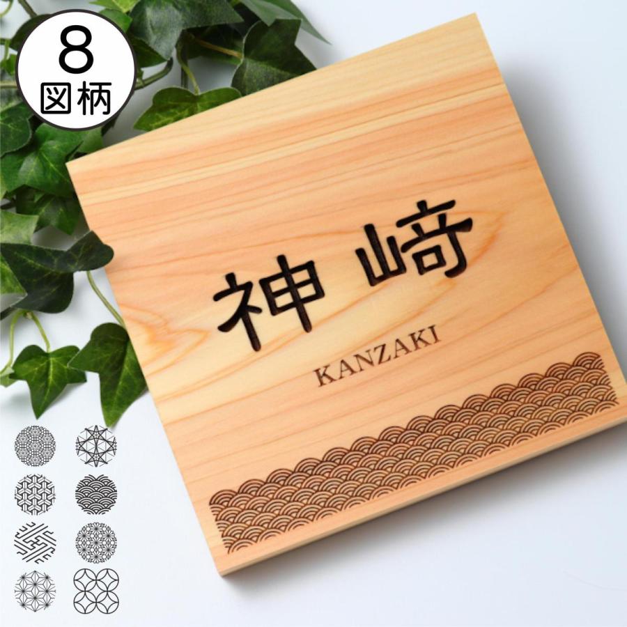表札　木製　風水で良いとされる木の表札　四角　部屋の名前　国産ひのき　銘木　室名　精密彫刻　木製表札　凹み浮彫　オシャレで縁起の良い吉祥文様　正方形　送料無料