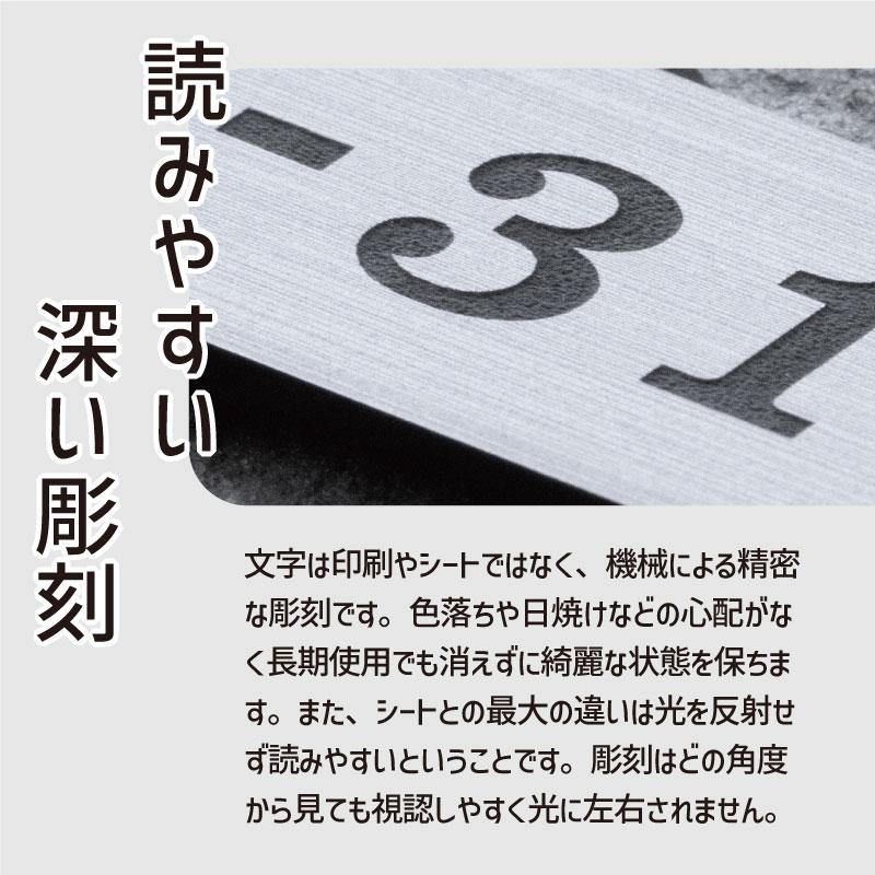 表札 番地プレート (数字のみ 1行専用) 刻印無料 80×25 S シルバー ゴールド ブロンズ ポスト 門柱 部屋番号 ドア 住所 シール式 屋外OK メール便送料無料｜katachi-lab｜08