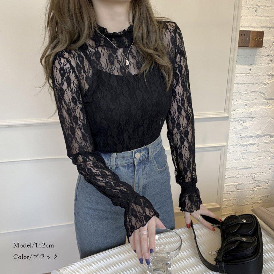 レース ブラウス レディース トップス 花柄 プチハイネック きれいめ おしゃれ フリル シースルー