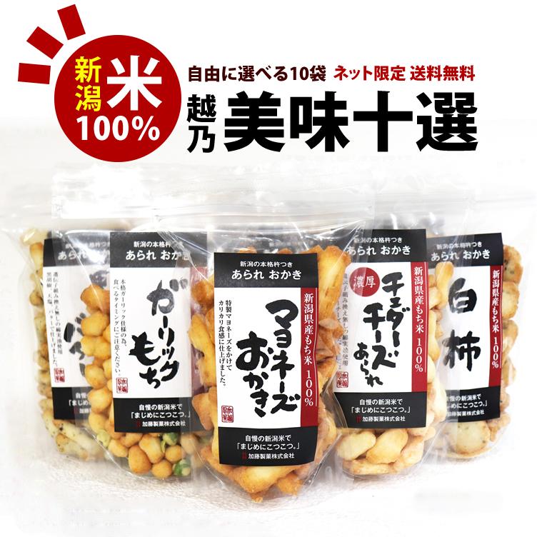 おつまみ あられ おかき 選べるスタンドパック 10袋 越乃美味十選 本州送料無料 新潟 加藤製菓 名物和菓子 WEB限定 おつまみ あられ おかき 選べるスタンドパック 10袋 越乃美味十選 本州送料無料 新潟 加藤製菓 名物和菓子 WEB限定