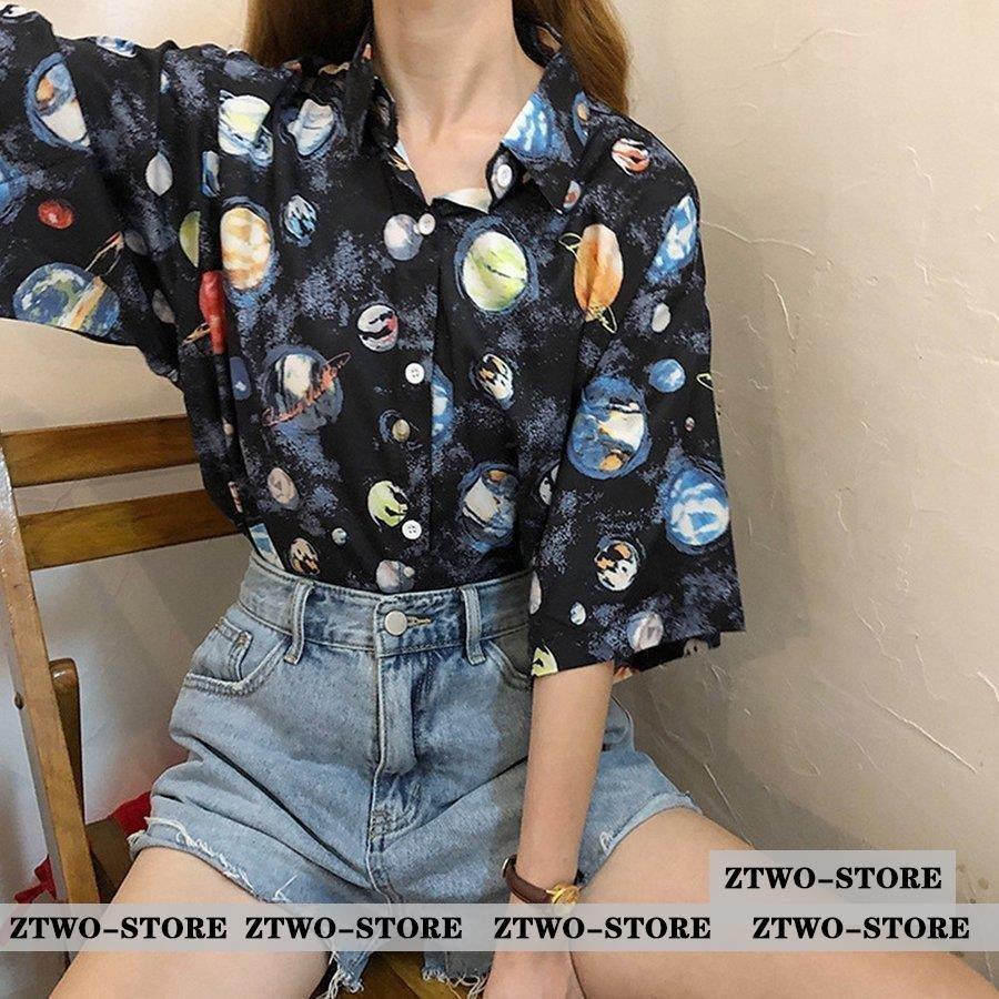 ブラウス 柄シャツ レディース 半袖 宇宙柄 Sspcgozrmr レディースファッション Closetoart Fr