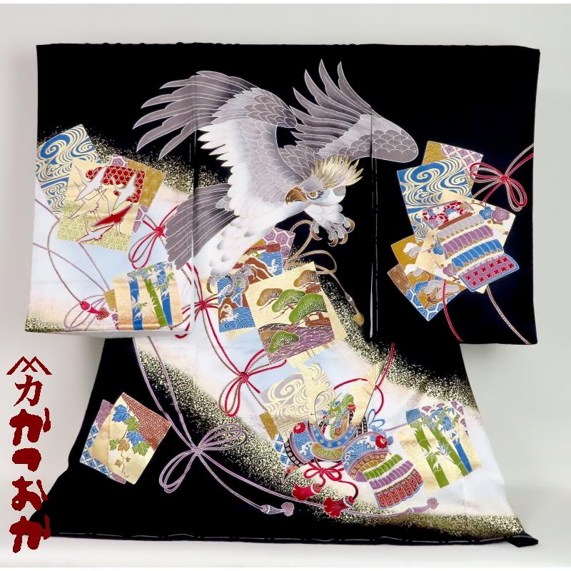 お宮参り着物正絹（初着・産着）男児S3-14 鷹に兜・松の柄 黒地 5