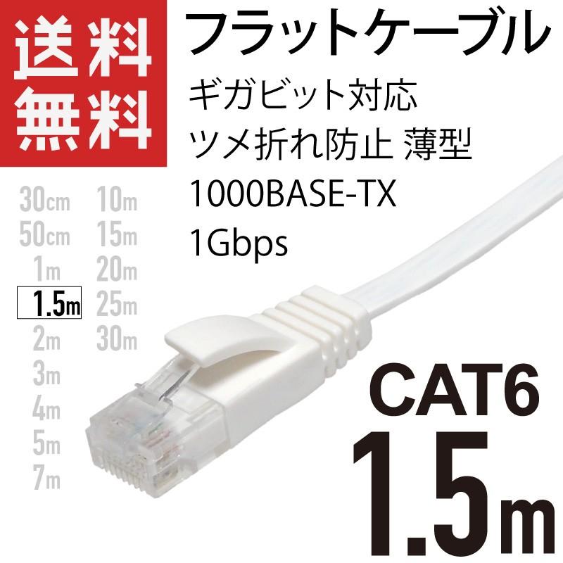 LANケーブル フラット 1.5m (150cm) ギガ対応 CAT6 ツメ折れ防止 薄型 フラットケーブル ストレート ホワイト｜kaumo