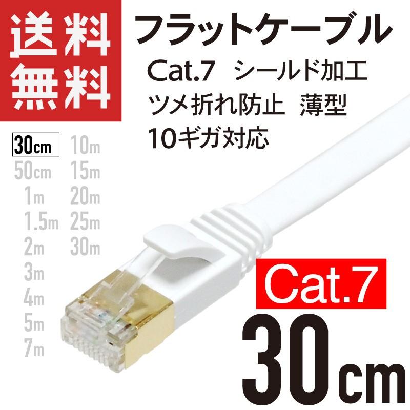 LANケーブル フラット CAT7 0.3m (30cm) 10ギガ対応 シールドケーブル ツメ折れ防止 薄型 金めっきコネクタ ホワイト｜kaumo