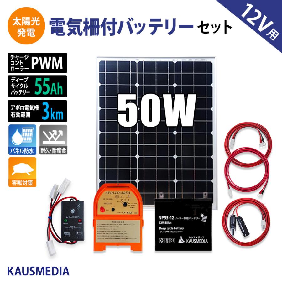 電気柵用　50W　ソーラー充電　55Ah　バッテリーセット　鳥獣害　シカ対策など　電気柵本体　AP-2011　アポロ　バッテリー