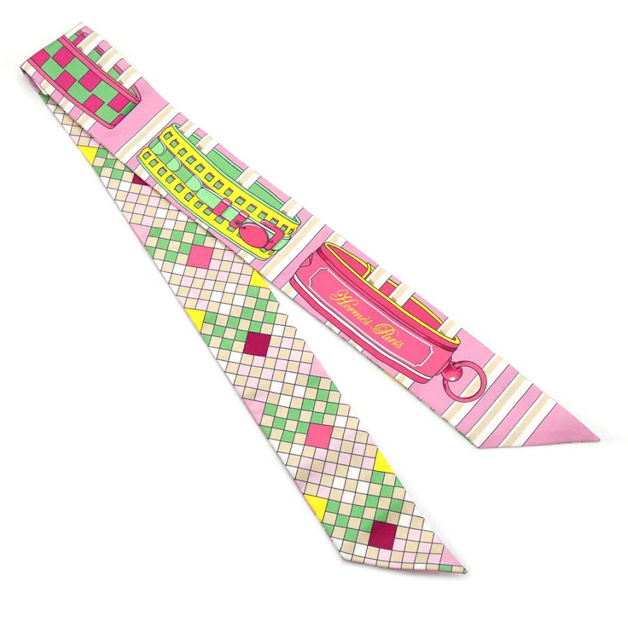 極美品 エルメス ツイリー スカーフ コリエドシアン ピンク グレー