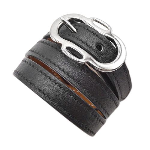 HERMES ブラックレザー ラップブレスレット HERMES（エルメス） 美品 ブレスレット アクセサリー ベルト レザー 本