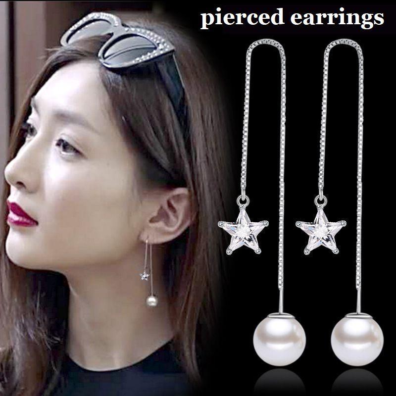 STAR JEWELRY GIRL ダイヤ×パール アメリカンチェーンピアス アメリカンピアス レディース アクセサリー 耳飾り ロングピアス