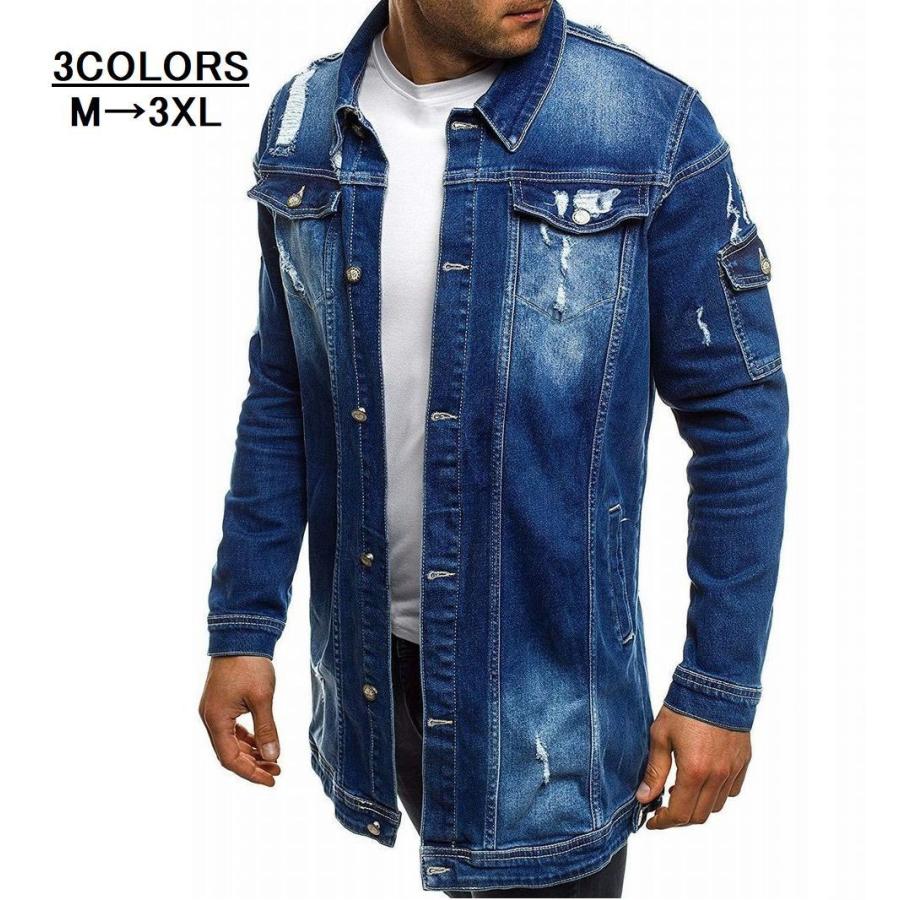 ジャケット デニムジャケット 長袖 ロング丈 メンズ アウター 前開き 長め ダメージ加工 破れデザイン 襟付き 2つポケット シンプル 無地 柄なし Aut 971 Kawaemon 通販 Yahoo ショッピング