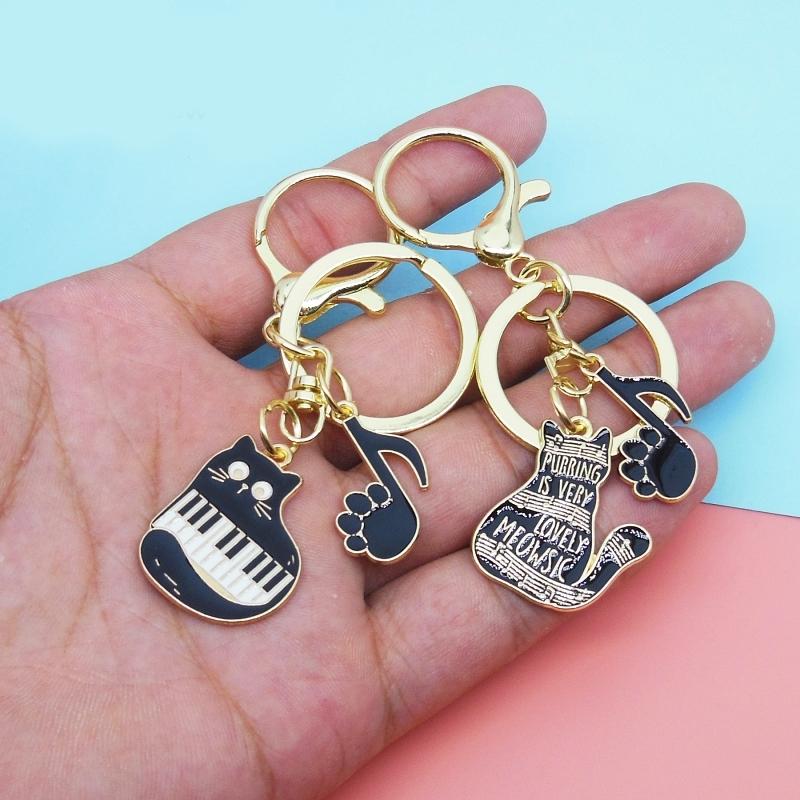 キーホルダー キーリング バッグチャーム 猫 キャット 黒猫 ピアノ
