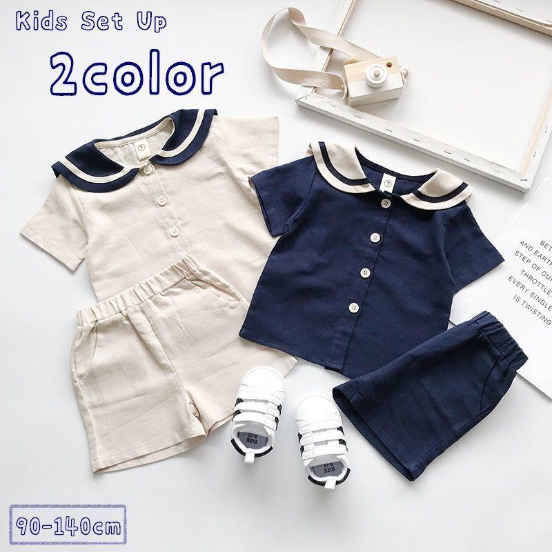 セットアップ 上下セット 半袖 シャツ ハーフパンツ 2点セット キッズ 子供服 男の子 女の子 男女兼用 ラウンドネック セーラーカラー風 ライン | 
