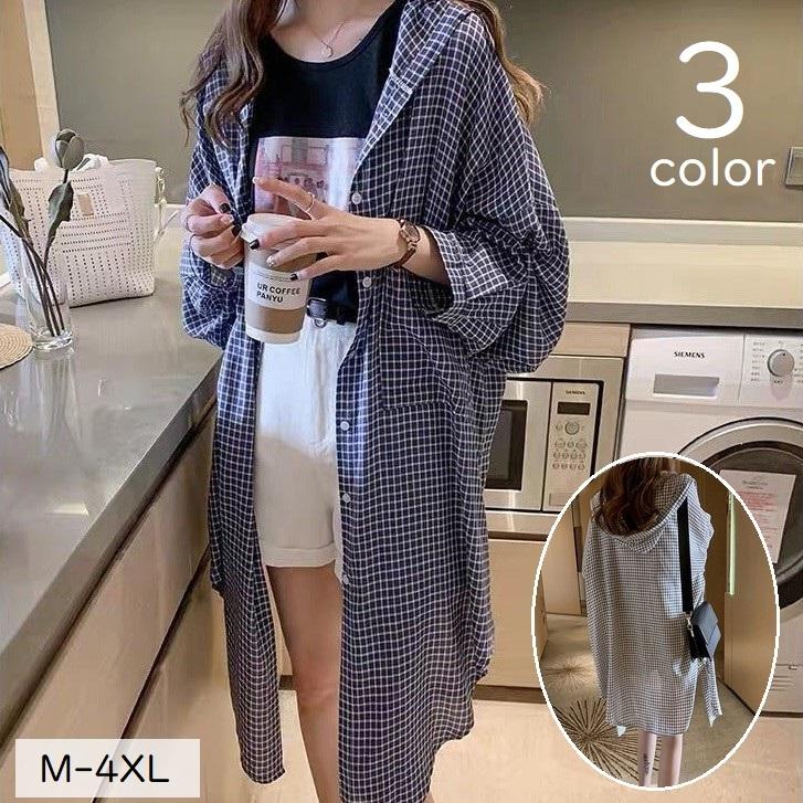 シャツ ロングシャツ シャツワンピース 長袖 フード付き レディース 