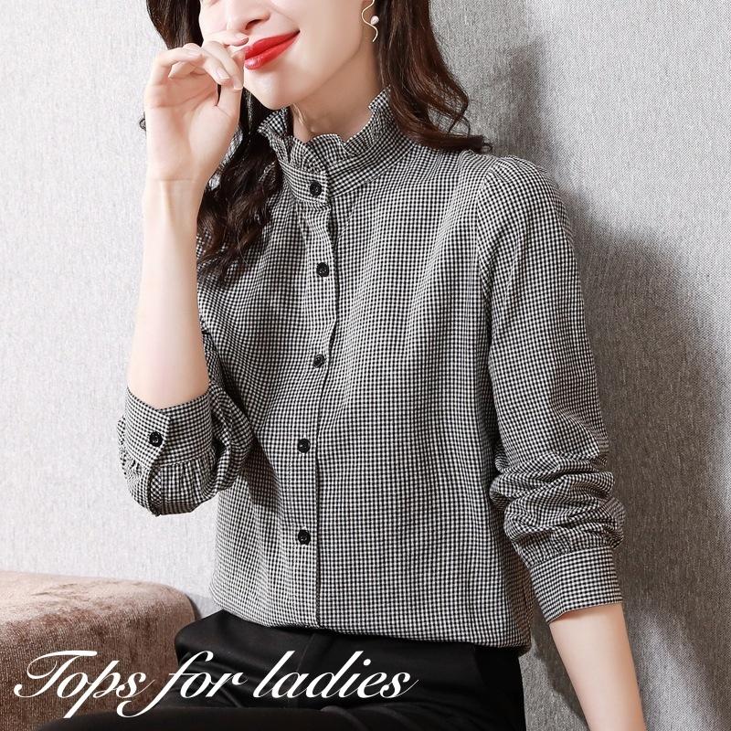 ブラウス シャツ 長袖 レディース 女性 トップス 前ボタン 前開き フリル スタンドカラー チェック柄 大きいサイズあり お洒落 お出かけ 普段使い Top Kawaemon 通販 Yahoo ショッピング
