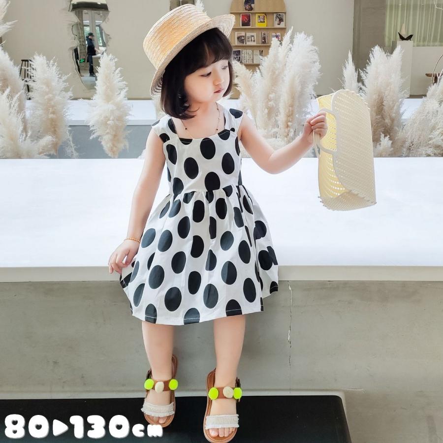 ワンピース ノースリーブ 膝丈 ミディアム丈 ドット柄 子供服 キッズ フレアスカート バックボタン スクエアネック 水玉模様 かわいい 可愛い ガー 新作 大人気