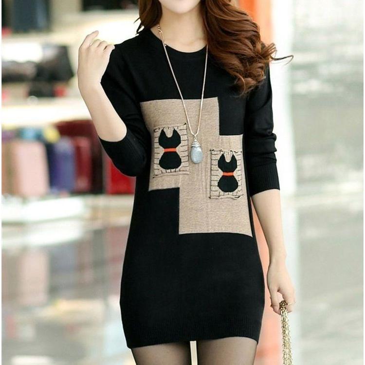 チュニックワンピース ミニワンピース レディース ラウンドネック 裏起毛 フィット スリム イラスト 長袖 黒色 お出かけ おしゃれ Top Kawaemon 通販 Yahoo ショッピング