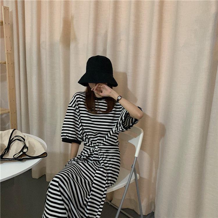 ボーダーズ　ワンピース ニットワンピース ボーダー ロング丈 マキシ丈 半袖 Vネック 襟付き