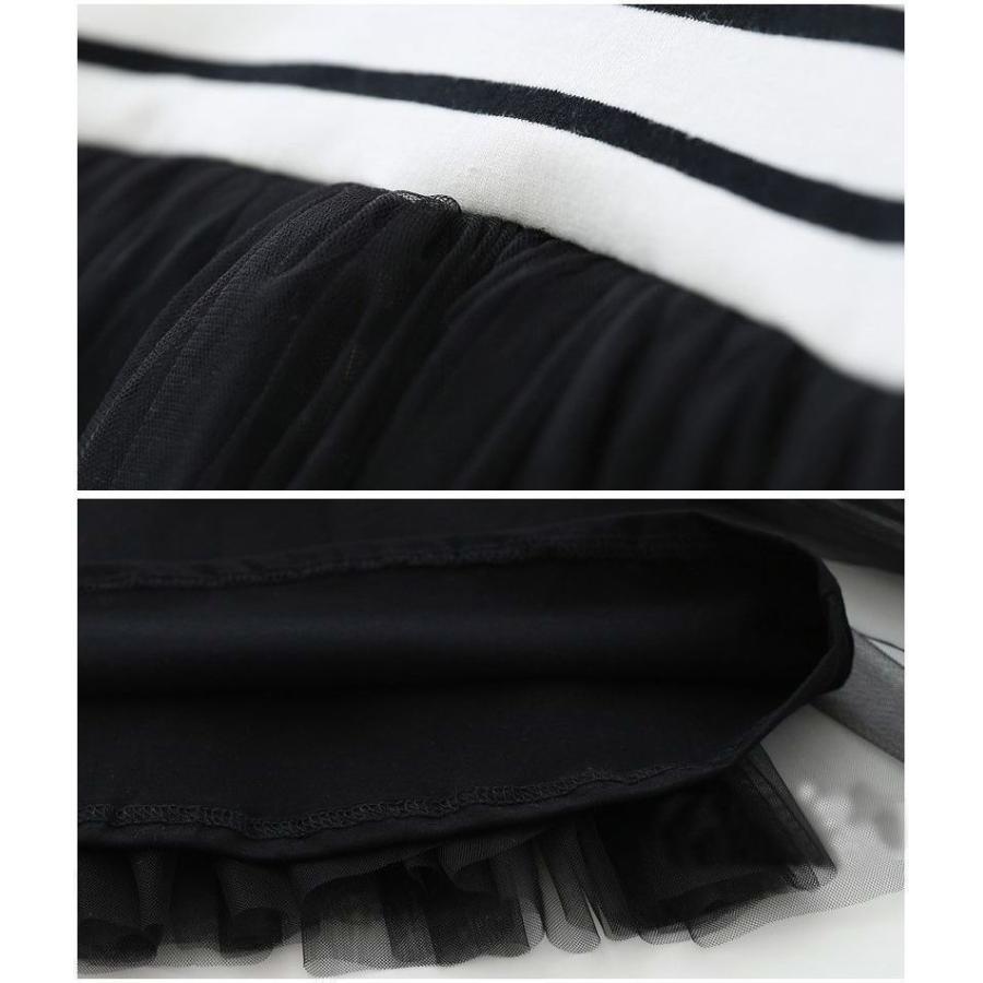 子供用 ワンピース 長袖 膝上 Aライン フレアスカート ふんわりスカート ラウンドネック ウエスト切替 ボーダー ストライプ チュール チュチュ ふ 激安 新作