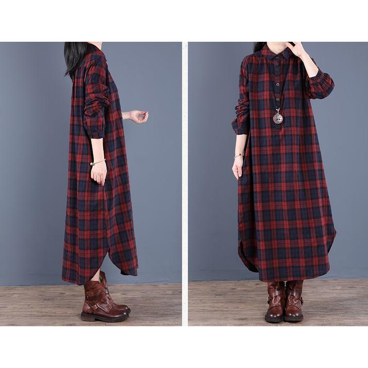 シャツワンピース レディース 女性用 長袖 ロング丈 チェック柄 襟付き