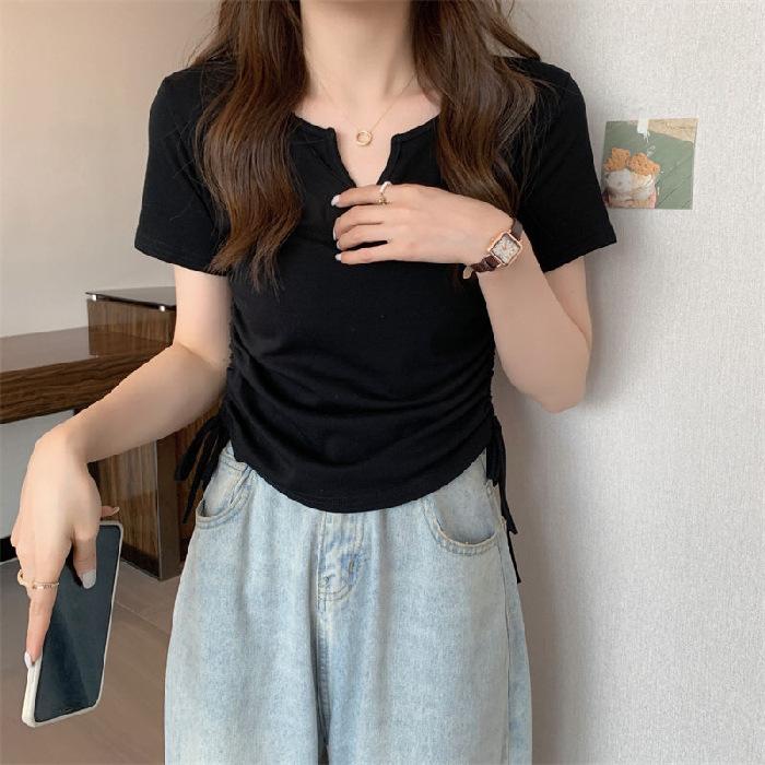 カットソー レディース トップス 半袖 キーネック ドローストリング