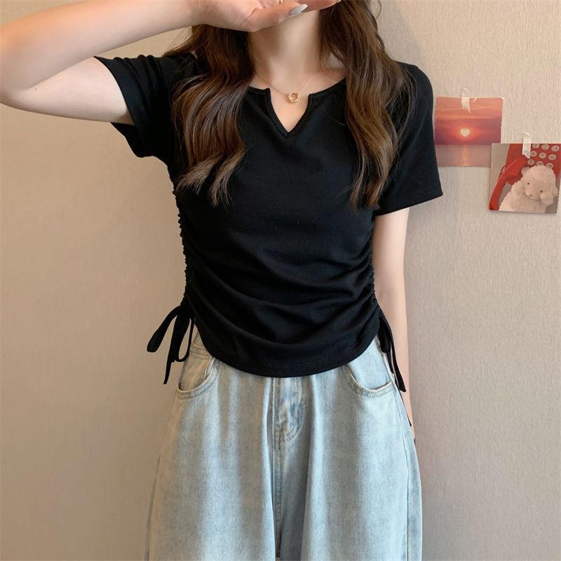 カットソー レディース トップス 半袖 キーネック ドローストリング