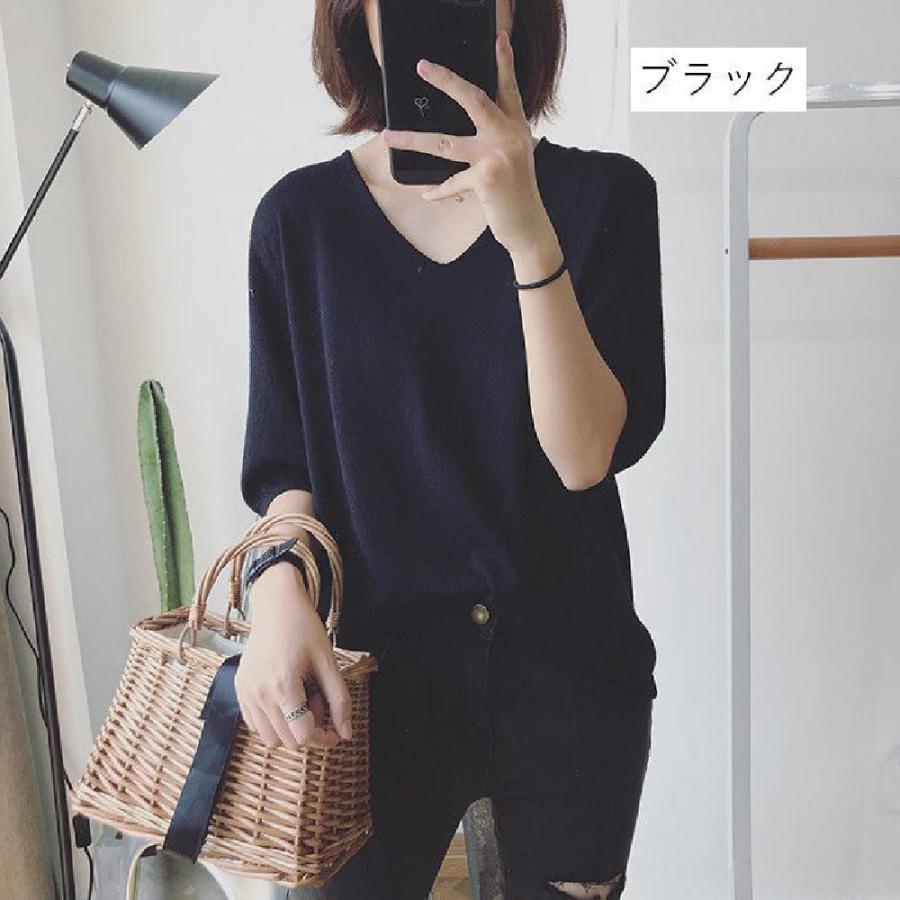 ニット 5分袖 半袖 レディース 女性 トップス Vネック シンプル ニット 5分袖 半袖 レディース 女性 トップス Vネック シンプル