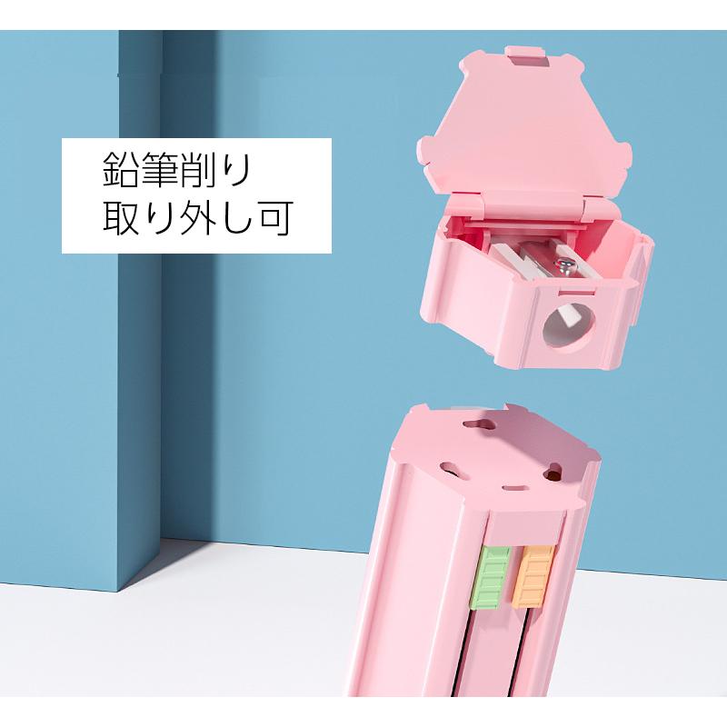 ペンケース 筆箱 スライド式 六角形 文具セット 鉛筆6本 消しゴム 定規