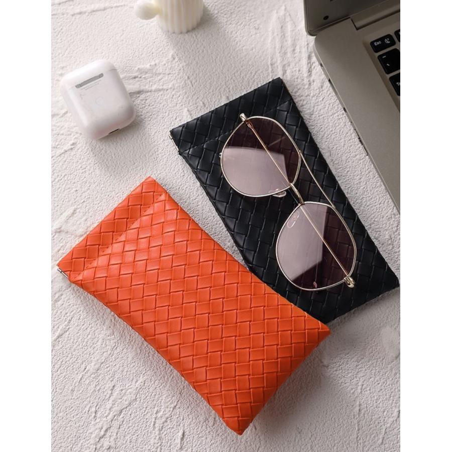 メガネケース 眼鏡ケース レザー調 編み込み バネ口式 ソフト 小物入れ