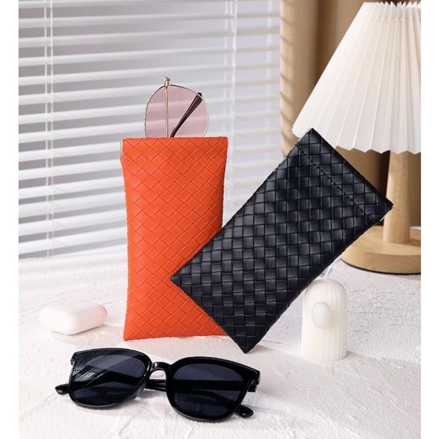 メガネケース 眼鏡ケース レザー調 編み込み バネ口式 ソフト 小物入れ