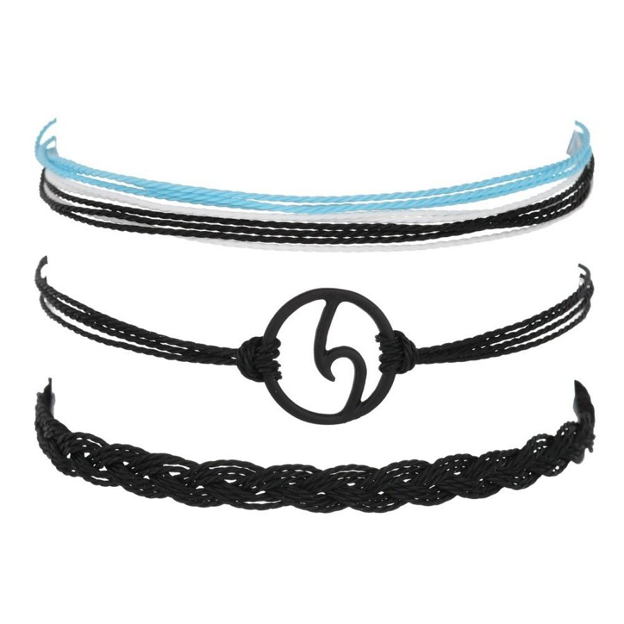 送料無料 ミサンガ ブレスレット おしゃれ 重ね付け ギフト プレゼント メンズ ワックスコード 波 3点セット モチーフ 調節可能 誕生日 男女兼用 レディース