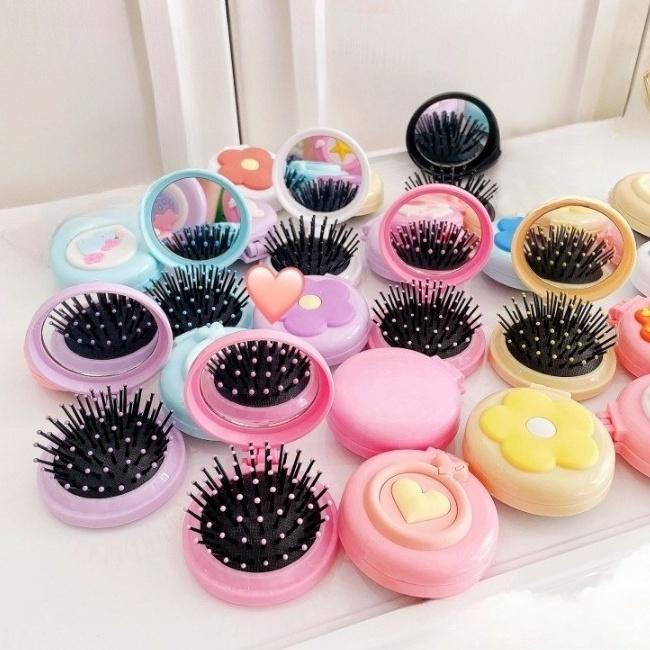 ヘアブラシ レディース ブラシ 折りたたみ ミラー 手鏡 鏡 コンパクト