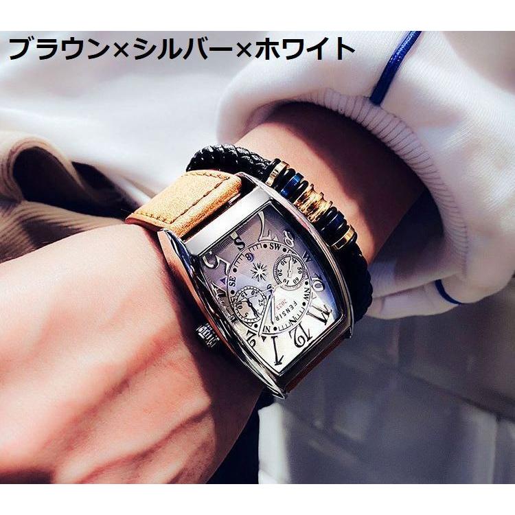 腕時計 ウォッチ メンズ 強化ガラス ステンレス PUレザー トノー型