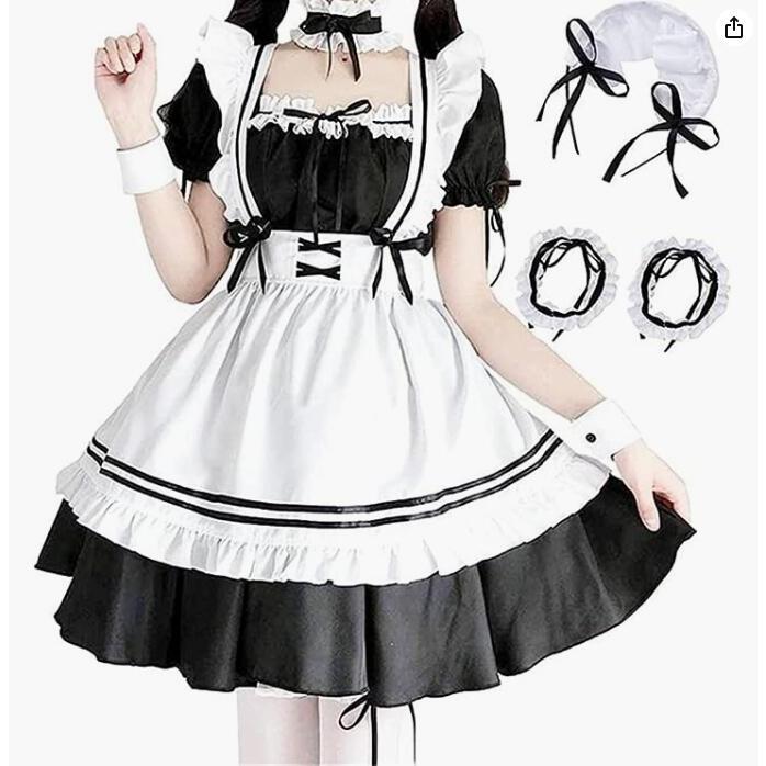 当日発送 メイド服 セクシー コスプレ ロリータ レディース メイド 服 ゴスロリ 萌え コスプレ 衣装 フリル かわいい カチューシャ 付き 8点 セット の商品画像