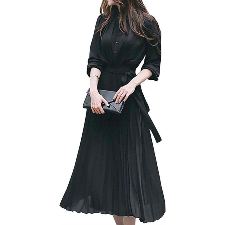 ワンピース レディース シフォン ロング プリーツ ワンピ 無地 ロング  