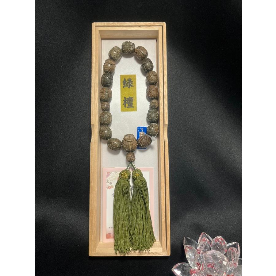 川本仏壇店/念珠「緑檀/ふくろう彫/共仕立/15玉/正絹房/フクロウ 川本仏壇店/念珠「緑檀/ふくろう彫/共仕立/15玉/正絹房/フクロウ