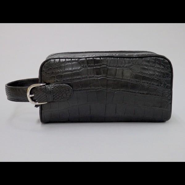 川彦　クロコダイル メンズ Wファスナーセカンドバッグ　黒