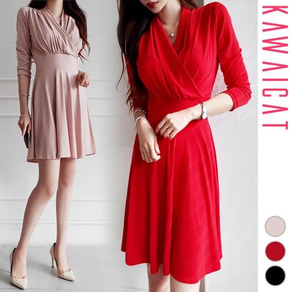 ワンピース レディース 7分袖 カシュクール ギャザー ミニ Vネック フレア エレガント 春 秋 韓国 to21250