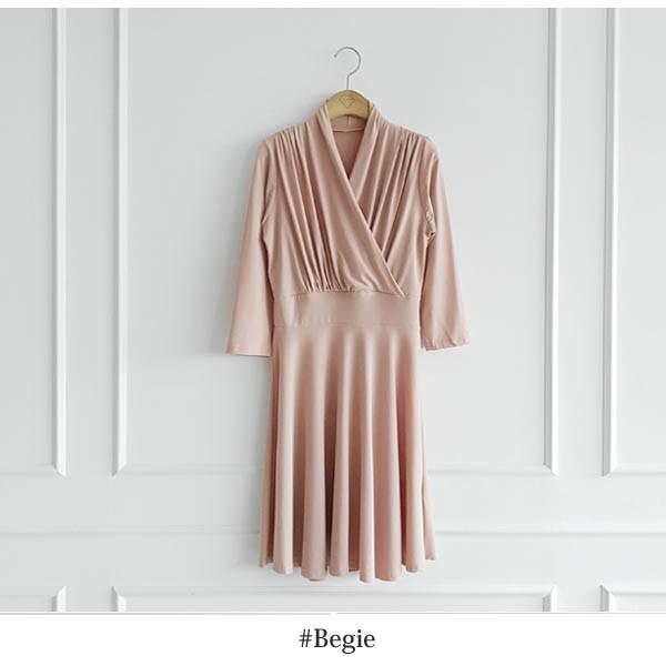 ワンピース レディース 7分袖 カシュクール ギャザー ミニ Vネック フレア エレガント 春 秋 韓国 to21250