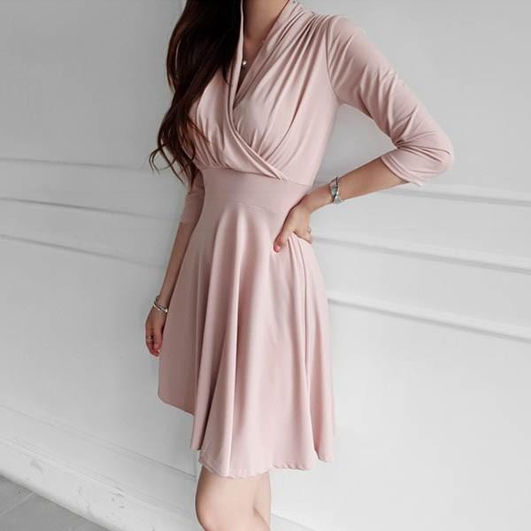 ワンピース レディース 7分袖 カシュクール ギャザー ミニ Vネック フレア エレガント 春 秋 韓国 to21250