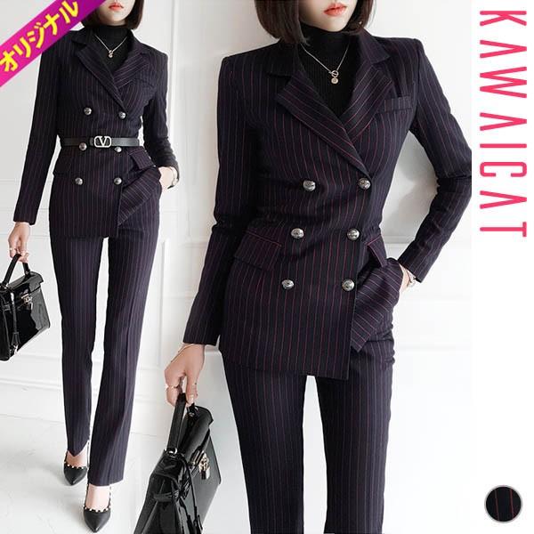 セットアップ レディース スーツ ストライプ ダブルボタン ジャケット パンツ センタープレス シンプル 無地 タイト 秋 冬 韓国 To Kawaicat 通販 Yahoo ショッピング