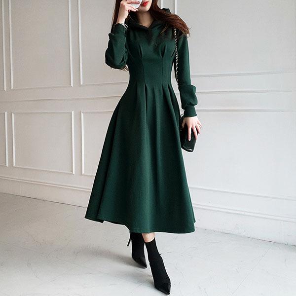 ワンピース レディース 長袖 フード付き ロング マキシ 裏起毛 フレア