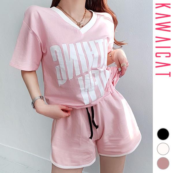 セットアップ レディース ルームウェア 半袖 五分袖 トレーナー ロゴ 英字 Vネック ショートパンツ オーバーサイズ カジュアル デイリー 春 夏 韓国 To226 最新入荷