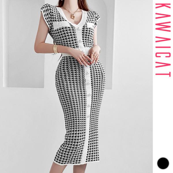 ワンピース レディース サマーニット ノースリーブ フレンチスリーブ 千鳥格子 タイト スリム ロング ミモレ丈 Vネック 上品 春 夏 韓国 メール便可 To Kawaicat 通販 Yahoo ショッピング