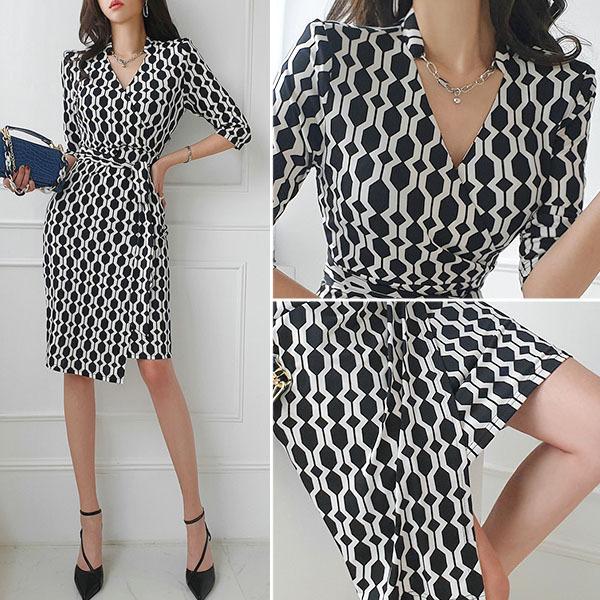 日本限定モデル Vネック 幾何学模様 カシュクール 7分袖 レディース ワンピース 膝丈 To メール便可 韓国 夏 春 オフィス きれいめ 上品 スリム タイト ひざ丈 ワンピース サイズ L Hakunamatatagrill Com